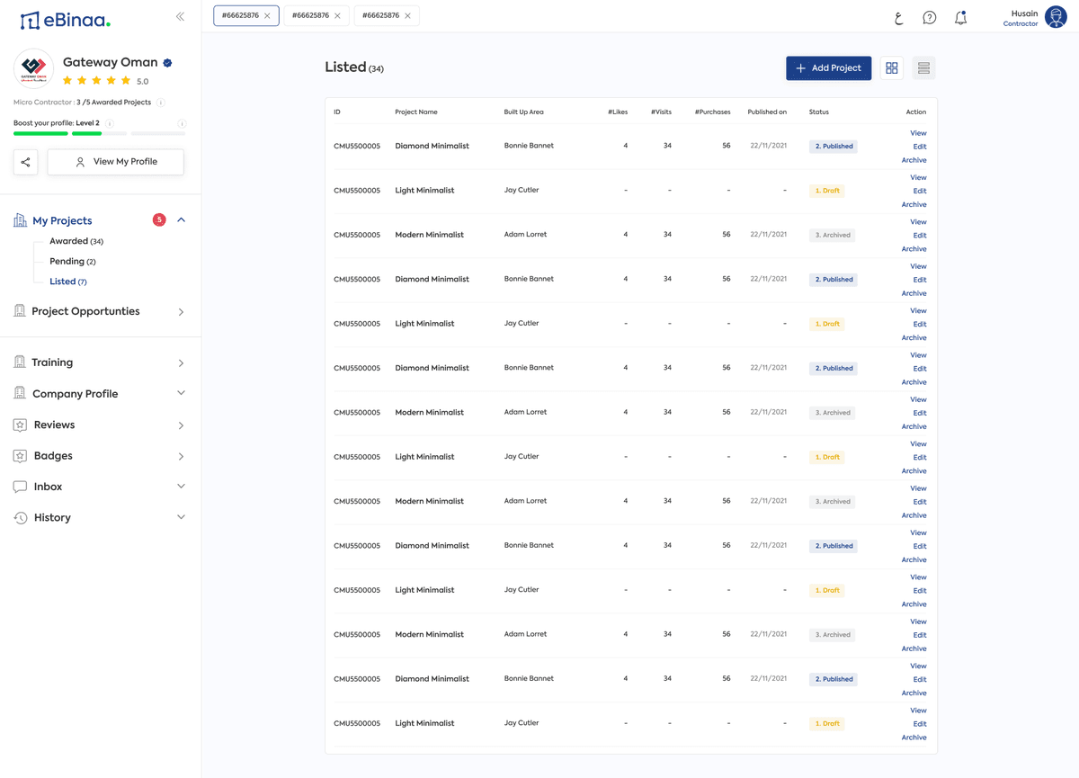 Listed projects — published, draft, archived